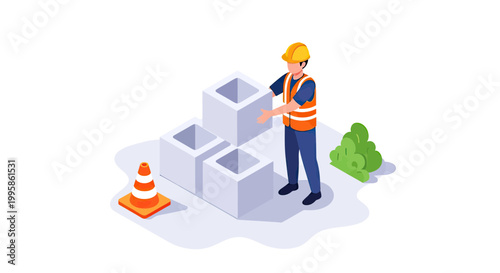 Isometric Construction Worker in Safety Gear Moving Concrete Blocks for Building Project, Industrial Labor Vector Illustration
