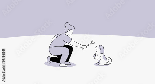 Young Woman Playing with Small Dog Holding Stick, Minimalist Flat Vector Illustration of Pet Owner Interaction and Training
