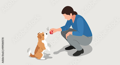 Vector Illustration of a Young Woman Squatting to Play and Train Her Cute Puppy with a Red Toy Ball