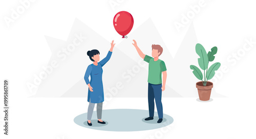 Young man and woman reaching for a red balloon floating in the air, concept of hope, goals and ambition in flat vector style