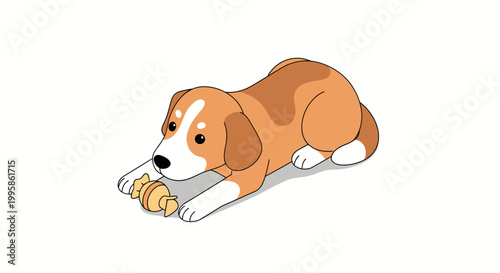 Cute Beagle Puppy Lying Down and Playing with a Candy Shaped Chew Toy, Isometric Vector Illustration