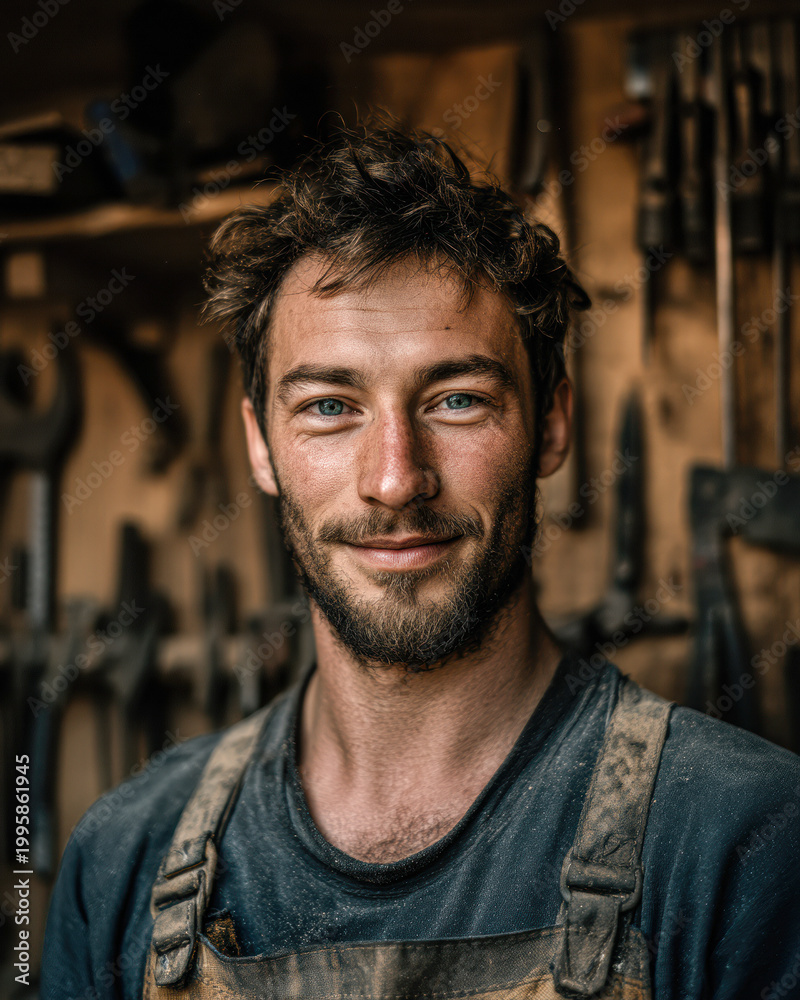 Obraz premium A bearded man in work clothes stands in a workshop, smiling confidently with tools hanging on the wall behind him.