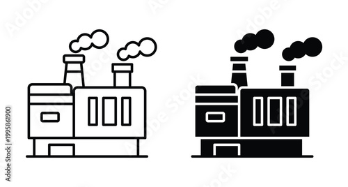 Industrial Factory Icons with Smoke, Outline and Filled Style Designs
