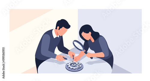 Business Team Collaborating to Repair and Optimize Mechanical Gears, Concept of Problem Solving, Teamwork, and Technical Support in Modern Flat Vector Style