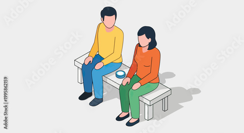 Isometric illustration of a young man and woman sitting together on a white bench, depicting relationship distance, waiting, or social interaction concept