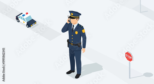 Isometric Vector Illustration of a Police Officer in Uniform Using a Walkie-Talkie on a Road with a Patrol Car and Stop Sign