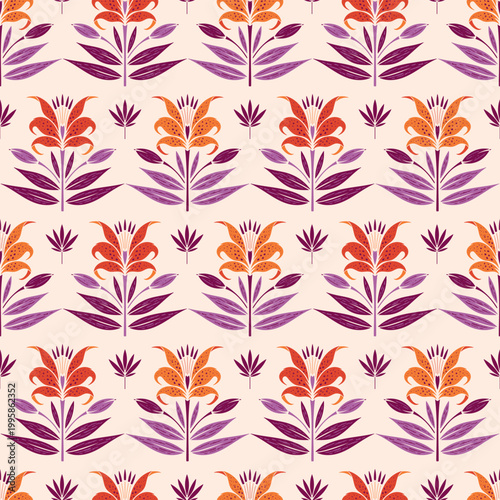 Tropical Lily flowers Seamless tile pattern. Red and orange spotted lilies with purple leaves. Floral Background. Vector illustration Hand drawn