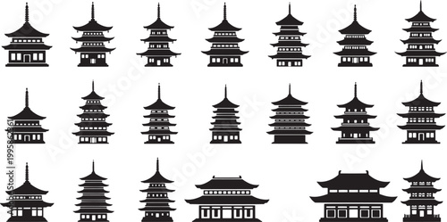 Collection of Japanese pagoda silhouettes and traditional Asian temple icons.
