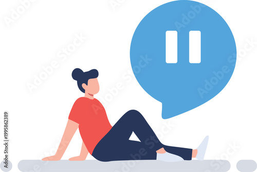 Person sitting and relaxing with a pause icon in a speech bubble representing taking a break mental wellness and downtime for self care vector illustration