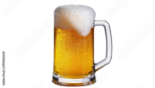 Frothy golden beer in clear glass mug with handle