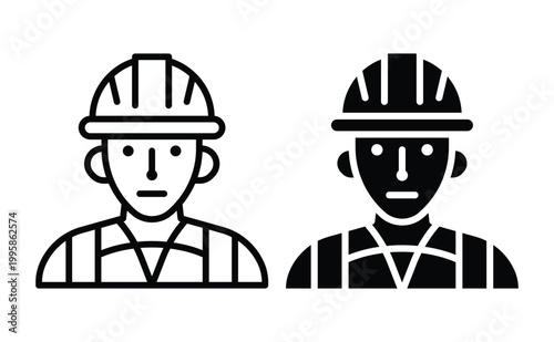 Diverse Construction Worker Icons in Black and White Style for Commercial Use