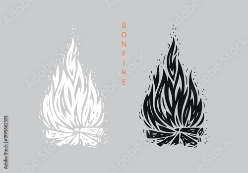 White and Black Silhouette of Wood Campfire. Outdoor Bonfire. Fire Flame and Wooden Logs. Burning Firewood or Fireplace. Hand-drawn Vector illustration