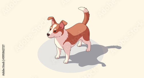 Isometric Vector Illustration of a Cute Brown and White Mixed Breed Dog Standing, Isolated Mascot Character Design