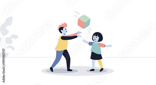 Children playing and tossing a colorful cube, vector illustration depicting childhood fun, friendship, and active leisure.