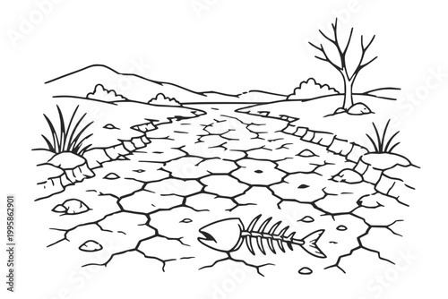 Dry Riverbed Fish Skeleton Vector for Drought and Ecosystem Collapse