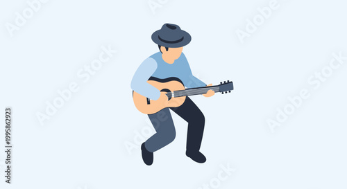 Isometric vector illustration of a male musician wearing a hat and playing an acoustic guitar