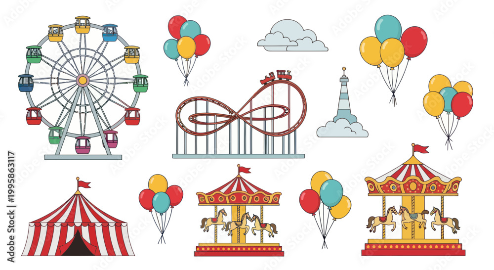 Fototapeta premium Amusement Park Elements: Ferris Wheel, Roller Coaster, Carousel, Tent, Balloons
