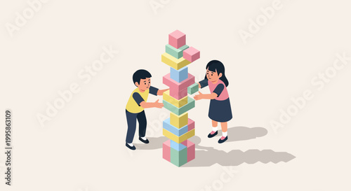 Two children building a tall tower of colorful toy blocks together, promoting teamwork and early childhood development