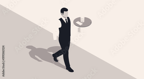 Minimalist Illustration of a Professional Waiter in Uniform Walking with a Service Tray and Drink