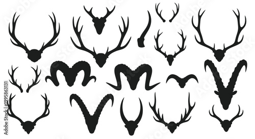Collection of Deer Antlers and Ram Horns Silhouettes