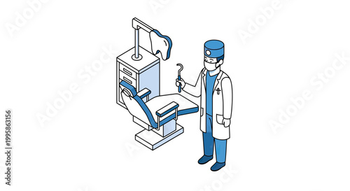 Isometric Dentist Professional Standing in Dental Clinic with Treatment Chair and Medical Equipment Vector Illustration