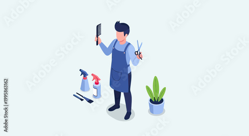 Isometric professional barber holding scissors and comb, male hairdresser character with styling tools and apron vector illustration