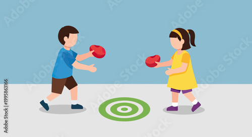 Boy and Girl Playing Bean Bag Toss Game with Bullseye Target, Children Participating in Fun Leisure Activity, Flat Vector Illustration