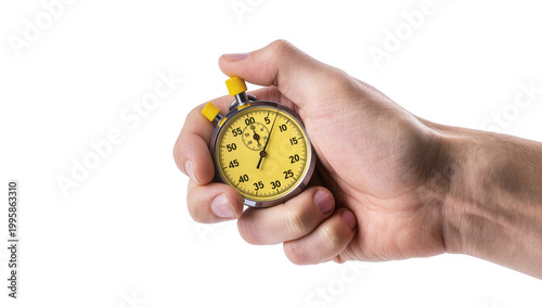 Cuadro en lienzo Human hand holding vintage chrome stopwatch with yellow and black markings