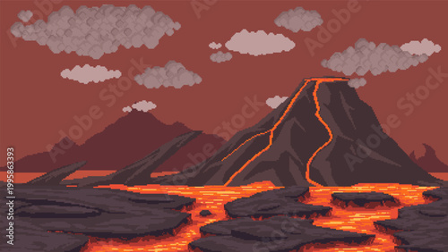 Pixel art volcanic landscape with volcano, flowing lava, rocky terrain and drifting clouds. Seamless horizontal hell-themed background for video games. Vector side scrolling fantasy scene.