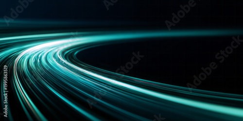 Glowing teal light trails curve across a dark background.