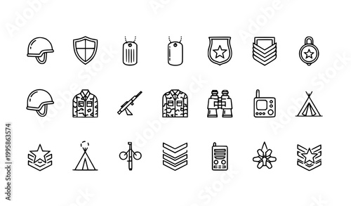 Thin line army icons set editable stroke military symbols collection minimal linear design isolated on white background