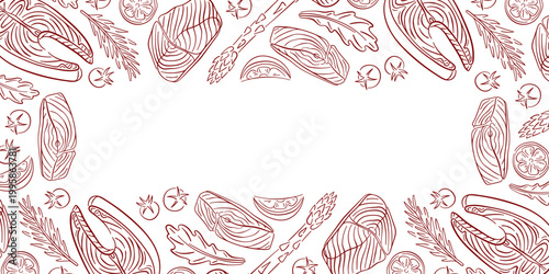 Hand drawn salmon border with steak cut, herb, asparagus and spice. Line art illustration on white background for seafood restaurant branding, food packaging and culinary design.
