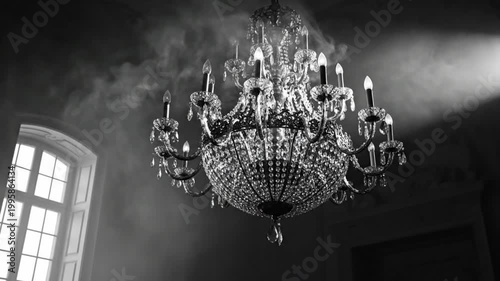 Dramatic black and white shot of a sparkling crystal chandelier with flowing smoke in an elegant room with a window