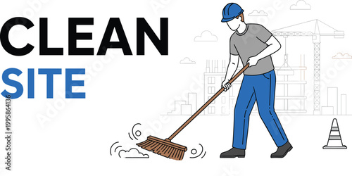 Construction Site Cleanup with Worker Sweeping and Building Background Keywords: clean site, construction, worker, man, hard hat, helmet