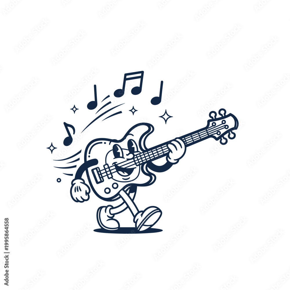 Fototapeta premium Rocking Electric Guitar Musical Instrument Character Playing and Dancing Vector Illustration