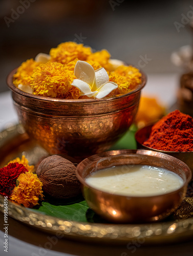 Copper Bowls with Flowers, Coconut and Colored Powder for Traditional Hindu Ritual