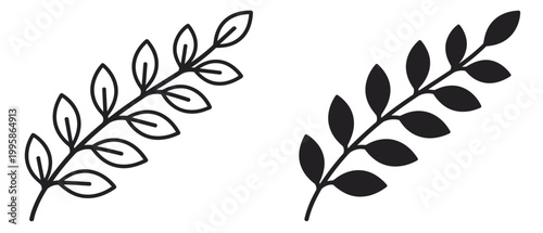 leaf branch icon with botanical foliage, outline and silhouette vector illustration isolated on transparent background