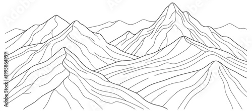 mountain landscape line art with peaks and layered terrain, outline vector illustration isolated on transparent background