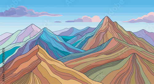 colorful mountain landscape with layered peaks and terrain lines, vector illustration isolated on transparent background
