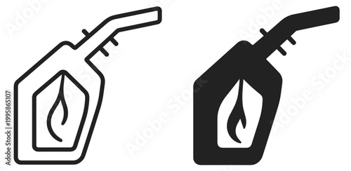 fuel pump nozzle icon with gasoline symbol, outline and silhouette vector illustration isolated on transparent background
