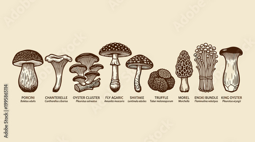 Mushroom Collection Woodblock Print: Nine Edible and Poisonous Fungi Icons, Panoramic Banner Illustration