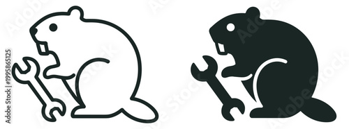 beaver holding wrench icon, animal and repair service symbol, outline and silhouette vector illustration isolated on transparent background