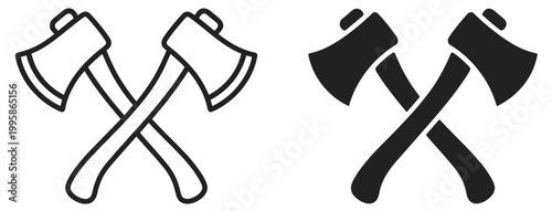 crossed axes icon for logging and wood cutting, outline and silhouette vector illustration isolated on transparent background