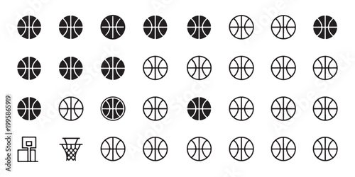 Basketball Sports Icon Set Including Balls and Hoop Symbols