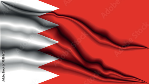 Dramatic dark and realistic waving fabric texture with the colors and pattern of the Bahraini flag.
