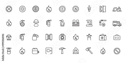 Firefighter and Fire Prevention Line Icons - Minimalist Emergency Service Symbols