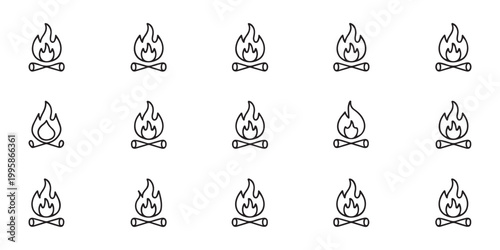 Campfire with Logs Line Icon Set - Vector Symbols for Camping and Outdoor Activities