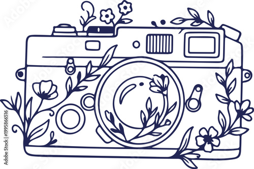 Vintage Retro Camera Line Art with Floral Botanical Elements
