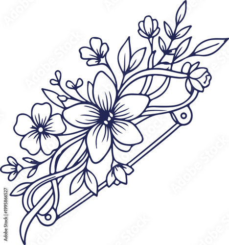 Navy Blue Floral Line Art Illustration of a Decorative Hair Pin
