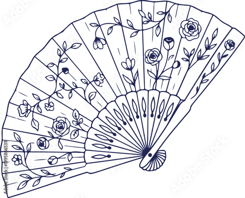 Elegant Floral Hand Fan Illustration with Rose Pattern Line Art
